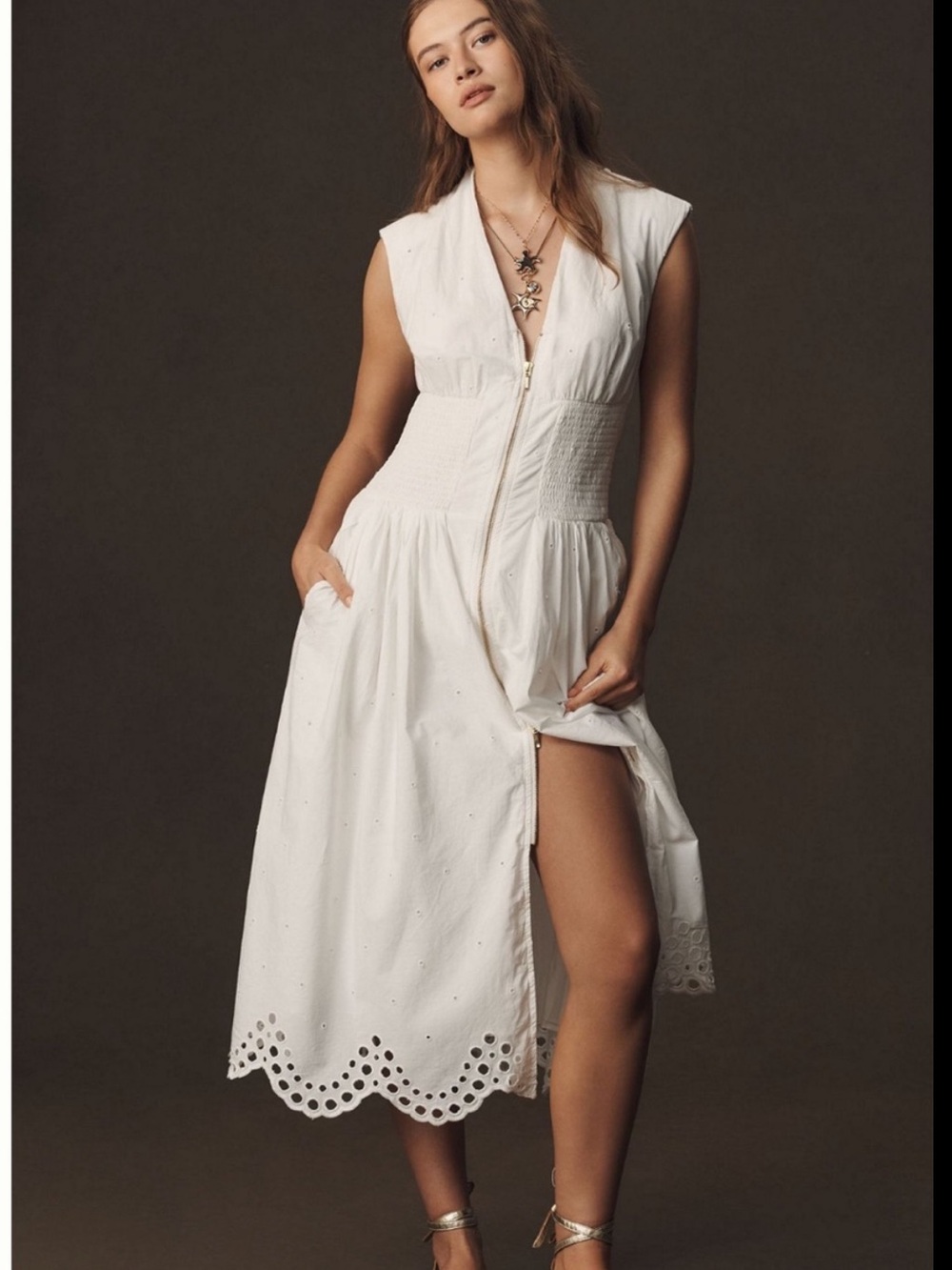 Maeve The Tommie Cap-Sleeve Smocked Front-Zip Shirt Dress:  Eyelet-trim Edition